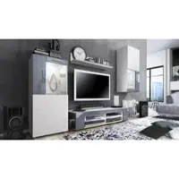 Vladon Wohnwand Movie, Anbauwand bestehend aus 1 TV-Board, 2 Vitrinen und 1 Regal, Weiß matt/Weiß matt/Grau Hochglanz, inkl. LED-Beleuchtung weiß (Gesamt: 300 x 190 x 39 cm)