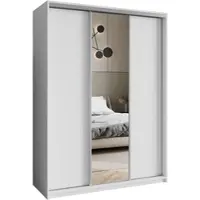 Masseno Schiebetürenschrank TAVI 150/205/60 cm Kleiderschrank mit Schubladen Schlafzimmer Schrank 3-türig mit Spiegel Weiß + Satin