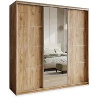 Masseno Schiebetürenschrank VARO 200/205/60 cm Kleiderschrank mit Schubladen Schlafzimmer Schrank 3-türig mit Spiegel Craft Eiche Goldfarben + Satin