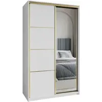 Masseno Schiebetürenschrank VARO 120/205/60 cm Kleiderschrank mit Schubladen Schlafzimmer Schrank 2-türig mit Spiegel Weiß + Gold