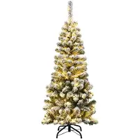Costway Bleistift Weihnachtsbaum 135cm, künstlicher Tannenbaum 242 PVC Nadeln mit Schnee, Christbaum Kunstbaum mit 150 warmweißen LEDs & Metallständer