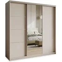 Masseno Schiebetürenschrank VARO 180/205/60 cm Kleiderschrank mit 4 Schubladen Schlafzimmer Schrank 3-türig mit Spiegel Kaschmir