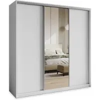Masseno Schiebetürenschrank TAVI 200/205/60 cm Kleiderschrank mit Schubladen Schlafzimmer Schrank 3-türig mit Spiegel Weiß + Satin