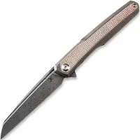Kansept Knives Arcus Framelock Damascus Taschenmesser, Bronze Ti/Brown Micarta