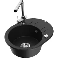 Mexen Kevin 1 Becken-Granitspüle mit Abtropffläche und Mischbatterie Duero, Schwarz - 6517-77-671600-00