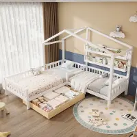 Flieks Hausbett Kinderbett 90x200cm+70x140cm für 2 Kinder, Massivholzbett L-Struktur mit Schubladen, Regalen, Rausfallschutz und Lattenrost, Weiß