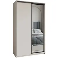 Masseno Schiebetürenschrank TAVI 120/205/60 cm Kleiderschrank mit Schubladen Schlafzimmer Schrank 2-türig mit Spiegel Kaschmir + Schwarz