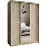 Masseno Schiebetürenschrank VARO 150/205/60 cm Kleiderschrank mit Schubladen Schlafzimmer Schrank 3-türig mit Spiegel Sonoma Eiche + Gold