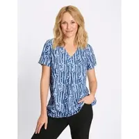 Sieh an! Kurzarm-Bluse in jeansblau-ecru-bedruckt | Gr.: 38