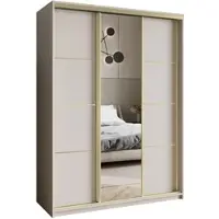 Masseno Schiebetürenschrank VARO 150/205/60 cm Kleiderschrank mit Schubladen Schlafzimmer Schrank 3-türig mit Spiegel Kaschmir + Gold