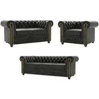 S-Style Möbel Vibe - Chesterfield Polstergarnitur mit Schlaffunktion 3+2+1 aus Anthrazit Vintage Optik Microfaser mit Holzfüßen, B/T/H: 3er - 203 cm/ 86 cm / 72 cm