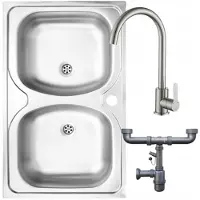 Deante Stahl Doppelspüle 80x50 mit Mischbatterie & Siphon, satiniert, Küche Set Komplettlösung