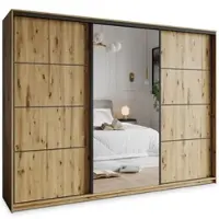 Masseno Schiebetürenschrank VARO 250/205/60 cm Kleiderschrank mit 4 Schubladen Schlafzimmer Schrank 3-türig mit Spiegel Eiche Artisan