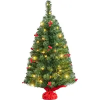 Yaheetech 90cm Mini Künstlicher Weihnachtsbaum mit 50 Warmweiß LED Beleuchtung & 60 Roten Beeren Kleiner Christbaum Tisch Tannenbaum für Weihnachtsdeko, Grün