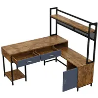 Merax Eckschreibtisch 140x140x135cm, L-förmiger Computertisch im Industriestil, Schubladen, Schrankfach, Gitterrückwand, Holzoptik/Schwarz
