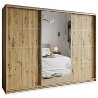 Masseno Schiebetürenschrank VARO 270/205/60 cm Kleiderschrank mit Schubladen Schlafzimmer Schrank 3-türig mit Spiegel Eiche Artisan + Satin