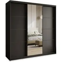 Masseno Schiebetürenschrank VARO 180/205/60 cm Kleiderschrank mit 4 Schubladen Schlafzimmer Schrank 3-türig mit Spiegel Schwarz