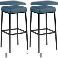 Décoshop26 - Set aus 2 Barhockern mit Fußstützen quadratischen Sitzen 80 cm hoch in blauem Stoff und schwarzem Metall 10_0006072