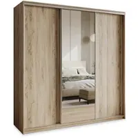 Masseno Schiebetürenschrank TAVI 200/205/60 cm Kleiderschrank mit Schubladen Schlafzimmer Schrank 3-türig mit Spiegel Sonoma Eiche + Satin