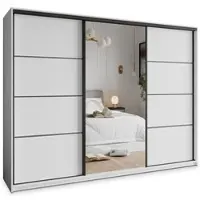 Masseno Schiebetürenschrank VARO 250/205/60 cm Kleiderschrank mit 4 Schubladen Schlafzimmer Schrank 3-türig mit Spiegel Weiß