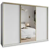 Masseno Schiebetürenschrank TAVI 250/205/60 cm Kleiderschrank mit 4 Schubladen Schlafzimmer Schrank 3-türig mit Spiegel Weiß