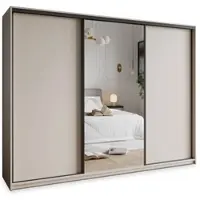 Masseno Schiebetürenschrank TAVI 250/205/60 cm Kleiderschrank mit 4 Schubladen Schlafzimmer Schrank 3-türig mit Spiegel Kaschmir