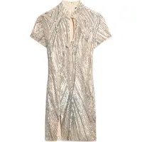 Superdry für Damen. W8011769A Minikleid mit Mao-Kragen und silbernen Pailletten (L), Party, Kurzarm, Recyceltes Polyester, Nachhaltig