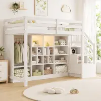 MODFU Hochbett 90x200 Einzelbett mit Stauraumregale und integrierter Kleiderschrank Jugendbett mit LED-Beleuchtung,ohne Matratze,Weiß