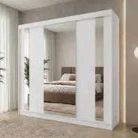 Beautysofa GAJA II Schwebetürenschrank 240 cm mit Spiegel – Kleiderschrank 3-türig, Schlafzimmer Schrank, Weiß/Weiß mit vier Schubladen