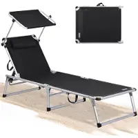 Homecall Sonnenliege klappbar – Leichte Gartenliege aus Aluminium mit 5-fach verstellbarer Rückenlehne Sonnendach und Nackenkissen schwarz