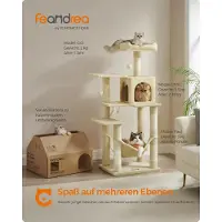 StarTech.com Kratzbaum - Katzenbaum - Höhe 143 cm - Drei Ebenen - Vier Kratzsäulen - Zwei Plattformen - Hängematte - Höhle - Beige