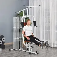 SUGIFT Kraftstation Heimtrainer, Multistation Fitnessstation, Stahl Kunstleder, Weiß | 150x110x210 cm | 45 kg Gewichte | 35+ Übungen