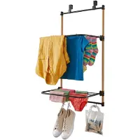 Relaxdays Wäscheständer Tür, zum Einhängen, 2 klappbare Flügel, 4 Haken, Bambus & Metall, Hängetrockner, schwarz/natur