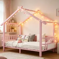 Merax Hausbett aus Metall 90x200cm, Jugendbett mit Dachdesign und Sicherheitsgitter, Kinderbett Multifunktionsbett mit dekorativer Rahmen, Rosa