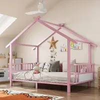 MODFU Kinderbett 90 x 200 mit Seitengitter,Hausbett mit offene Dachkonstruktion,Bettrahmen aus Metallrahmen,ohne Matratze,Rosa