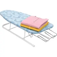 Relaxdays Tischbügelbrett, 76 x 30,5 cm Fläche, ausziehbare Bügeleisenstation, klappbar, kleines Bügelbrett, blau/weiß