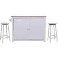 Mendler Kücheninsel MCW-P61 mit 2 Sitzhockern, Küchenschrank Staufächer MDF 90x120x45cm weiß, helles Holz