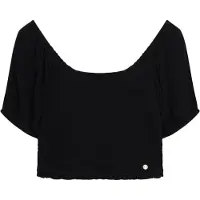 Superdry für Damen. W6011857A Schwarzes, gewebtes Oberteil mit Smokarbeit (L), Lässig, Viskose, Kurzarm