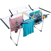 Relaxdays Wäscheständer, klappbar, ausziehbar, HBT: 96,5x98-161,5x95 cm, Metall, Klammerbeutel, Standtrockner, weiß/blau