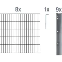 Alberts Doppelstabmattenzaun 6-5-6, Matten 2,50 m, Höhe 1,23 m, Länge 20 m, anthrazit, Zaun als Komplettset, Pfosten mit Abdeckleiste 60x40 mm