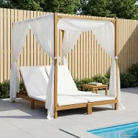 vidaXL Möbel Doppel-Sonnenliege mit Sonnendach und Vorhängen Creme - Gartenliegen &28945
