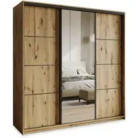 Masseno Schiebetürenschrank VARO 180/205/60 cm Kleiderschrank mit 4 Schubladen Schlafzimmer Schrank 3-türig mit Spiegel Eiche Artisan