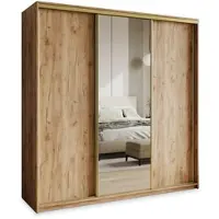 Masseno Schiebetürenschrank TAVI 180/205/60 cm Kleiderschrank mit 4 Schubladen Schlafzimmer Schrank 3-türig mit Spiegel Craft Eiche Gold