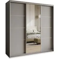 Masseno Schiebetürenschrank VARO 180/205/60 cm Kleiderschrank mit 4 Schubladen Schlafzimmer Schrank 3-türig mit Spiegel Graphitfarben