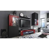 Vladon Wohnwand Movie, Anbauwand bestehend aus 1 TV-Board, 2 Vitrinen und 1 Regal, Schwarz matt/Schwarz matt/Bordeaux Hochglanz, inkl. LED-Beleuchtung weiß (Gesamt: 300 x 190 x 39 cm)