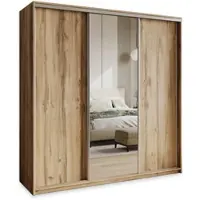 Masseno Schiebetürenschrank TAVI 200/205/60 cm Kleiderschrank mit Schubladen Schlafzimmer Schrank 3-türig mit Spiegel Eiche Wotan + Satin