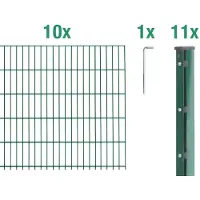 Alberts Doppelstabmattenzaun 6-5-6, Matten 2,50 m, Höhe 1,43 m, Länge 25 m, grün, Zaun als Komplettset, Pfosten mit Abdeckleiste 60x40 mm