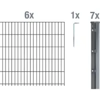 Alberts Doppelstabmattenzaun 6-5-6, Matten 2,50 m, Höhe 1,23 m, Länge 15 m, anthrazit, Zaun als Komplettset, Pfosten mit Klemmlasche 60x40 mm