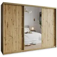 Masseno Schiebetürenschrank VARO 270/205/60 cm Kleiderschrank mit Schubladen Schlafzimmer Schrank 3-türig mit Spiegel Eiche Artisan + Gold