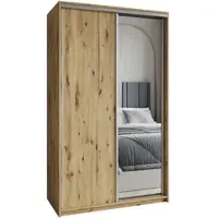 Masseno Schiebetürenschrank TAVI 120/205/60 cm Kleiderschrank mit Schubladen Schlafzimmer Schrank 2-türig mit Spiegel Eiche Artisan + Satin